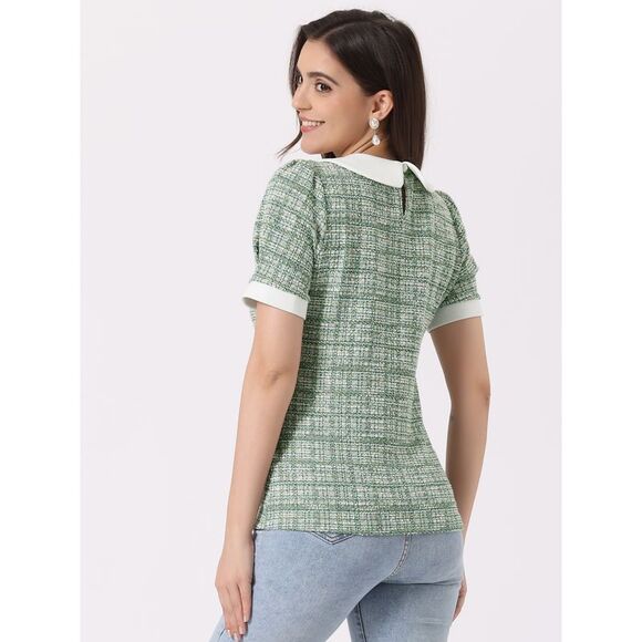 Tweed Top Button Decor Peter Pan Collar Blouse Green - Picture 4 of 4